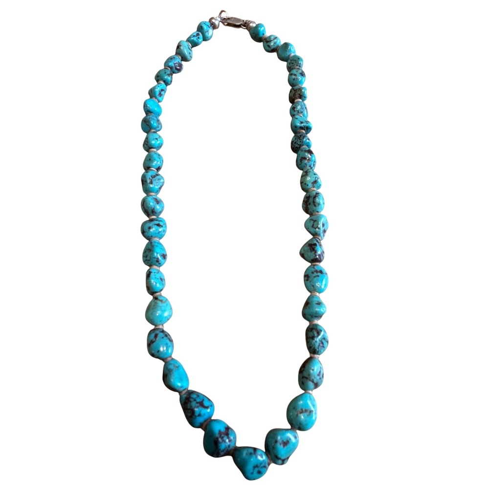 VintageTurquoise Nugget Necklace 18in Blue Sterling Silver 925 Graduated
